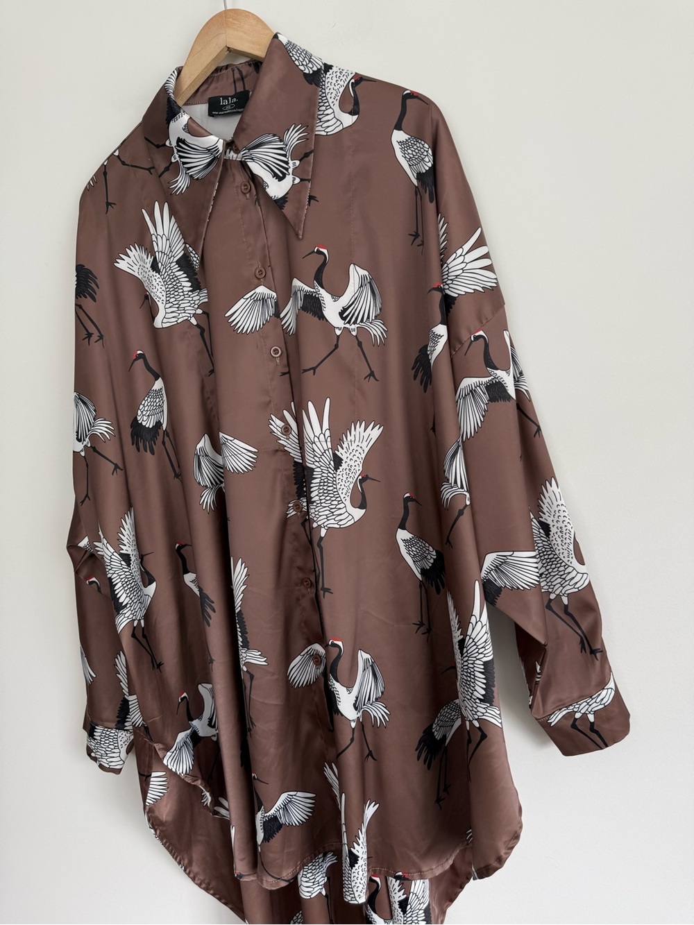 Dressed in Lala Posh Satin Shirt in Eternal Youth Cranes - Picture 9 of 13